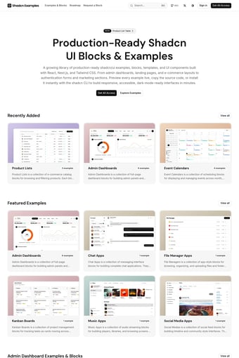 Shadcnexamples: Shadcn UI Components and Blocks landing page
