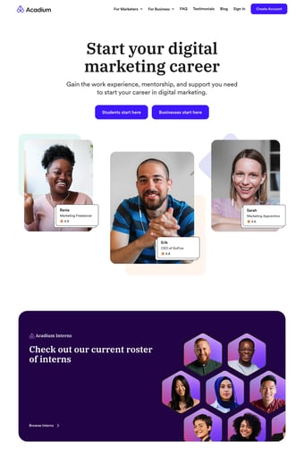 Acadium – Start Your Digital Marketing Career landing page