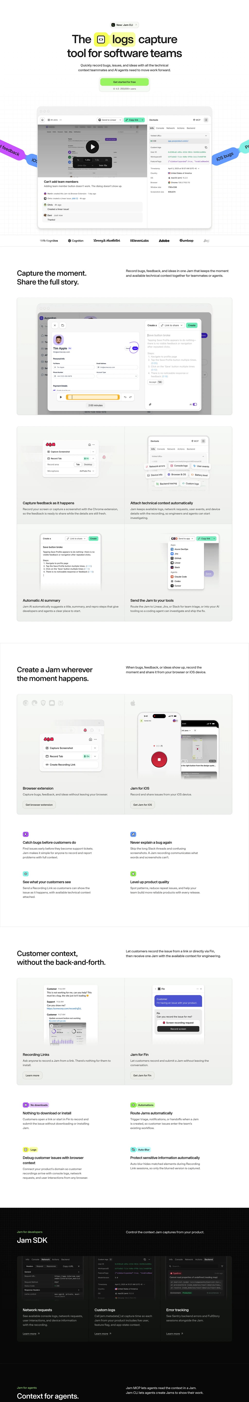 Jam: Screen recorder for bugs, feedback, and ideas desktop landing page