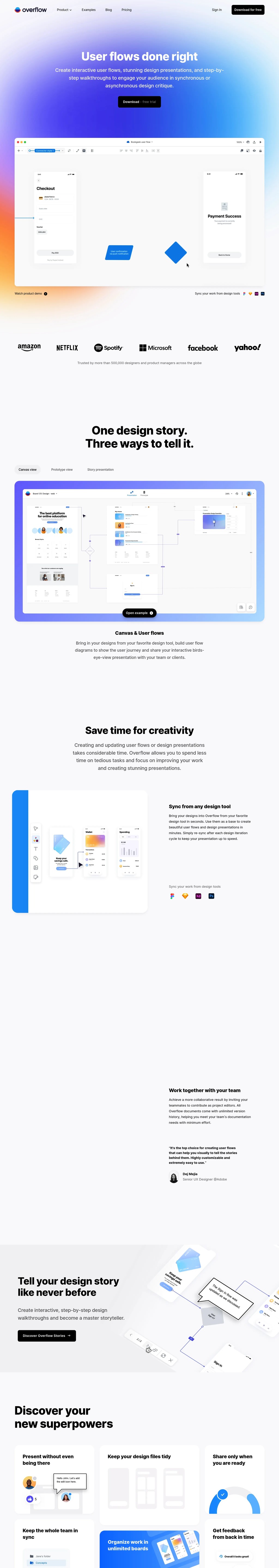 User flow diagramming tool for design teams | Overflow desktop landing page