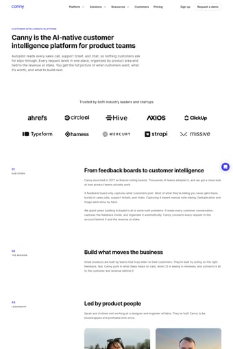 Canny: AI Customer Feedback Management Software and Tools landing page
