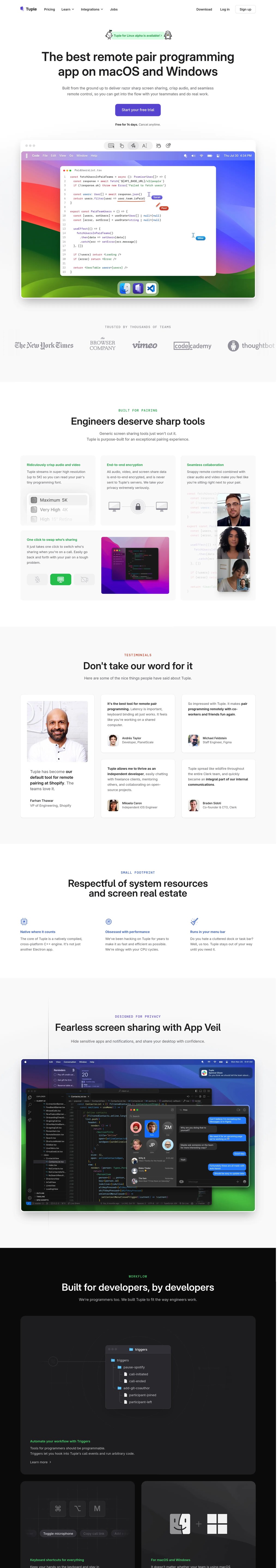 Tuple: the best remote pair programming app on macOS and Windows desktop landing page