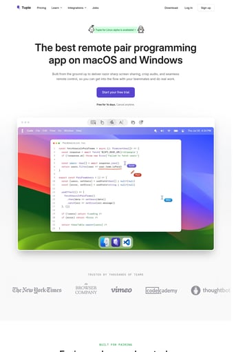 Tuple: the best remote pair programming app on macOS and Windows landing page