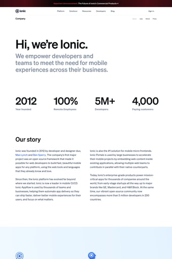 Ionic: Enterprise App Platform landing page