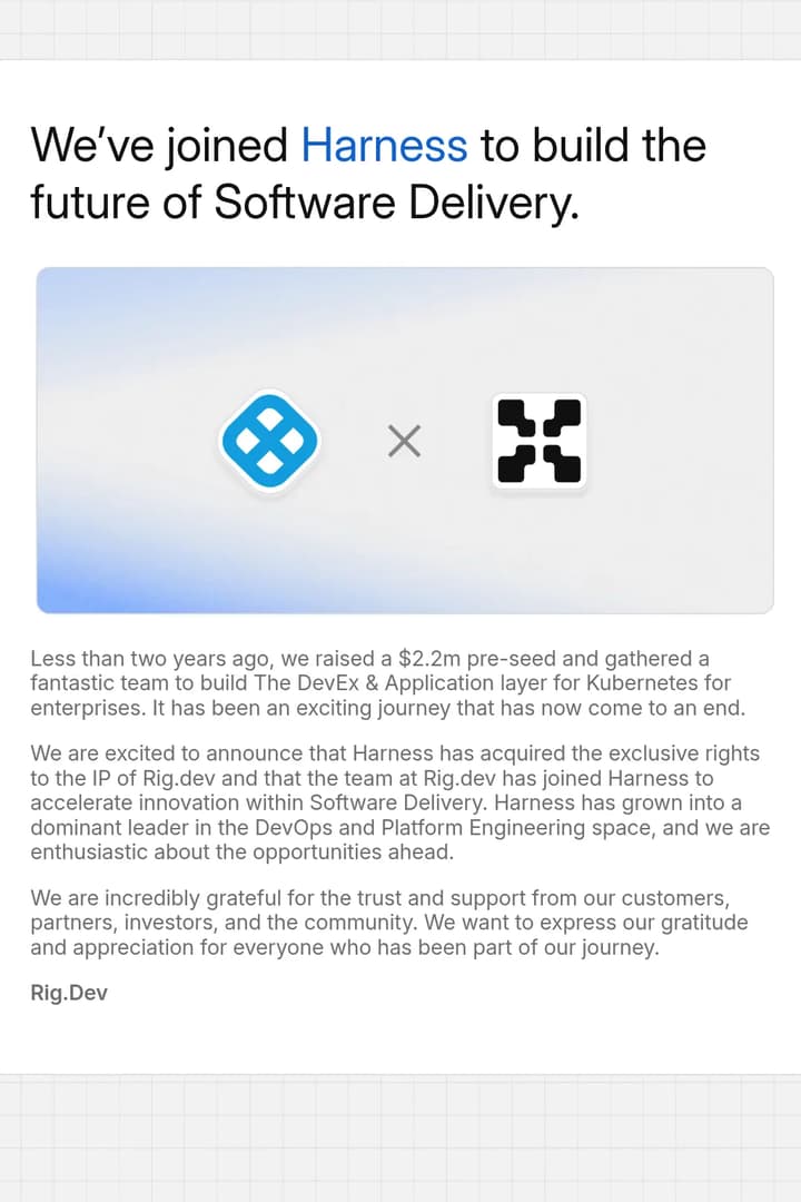 Rig.dev has joined Harness landing page screenshot