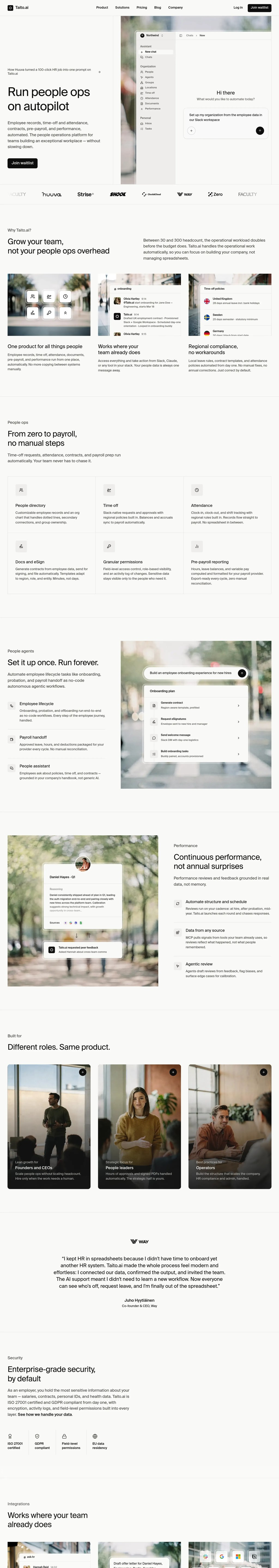 Taito.ai — Run people ops on autopilot desktop landing page