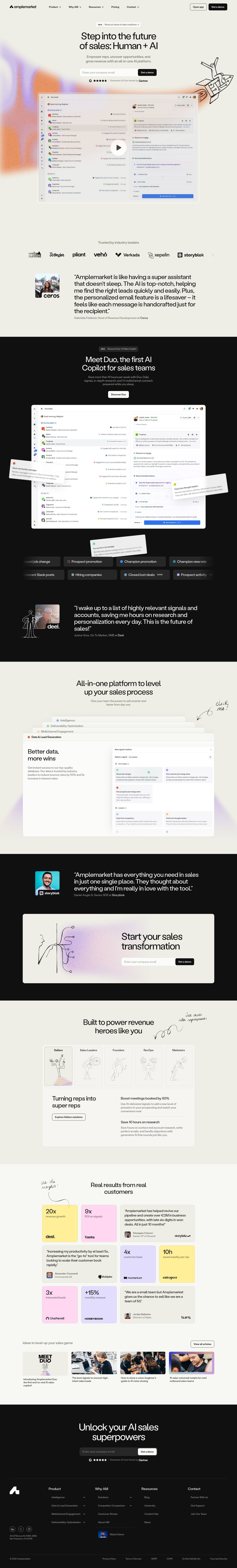 Amplemarket: AI sales copilot for precision selling success desktop landing page