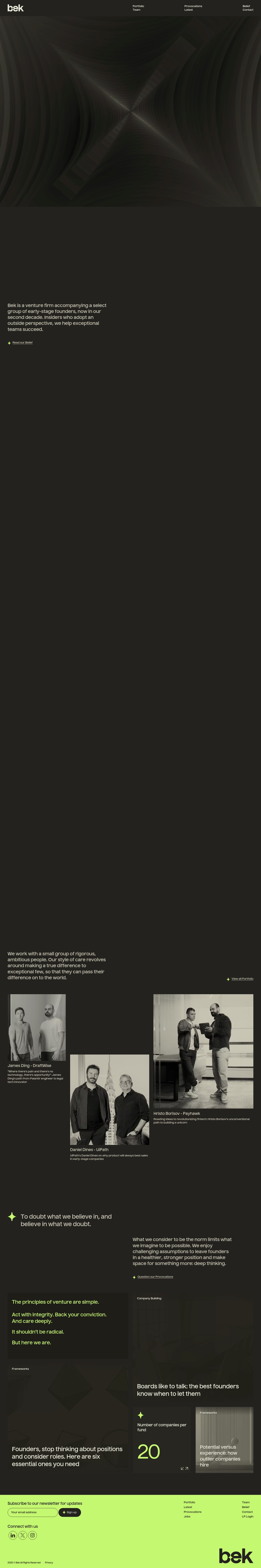 Bek Ventures desktop landing page