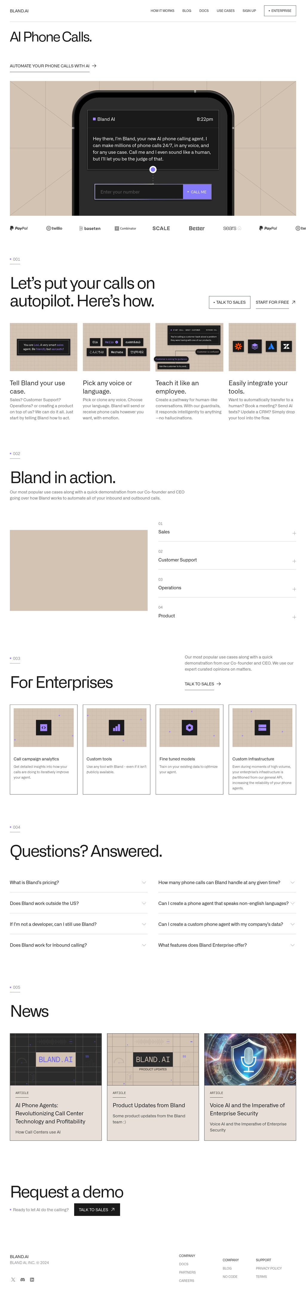 Bland AI desktop landing page