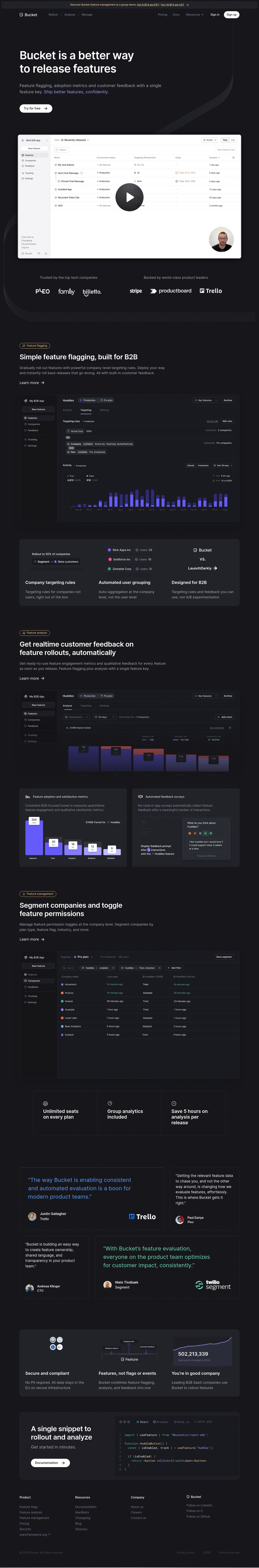 Bucket: Feature management for B2B product engineers desktop landing page