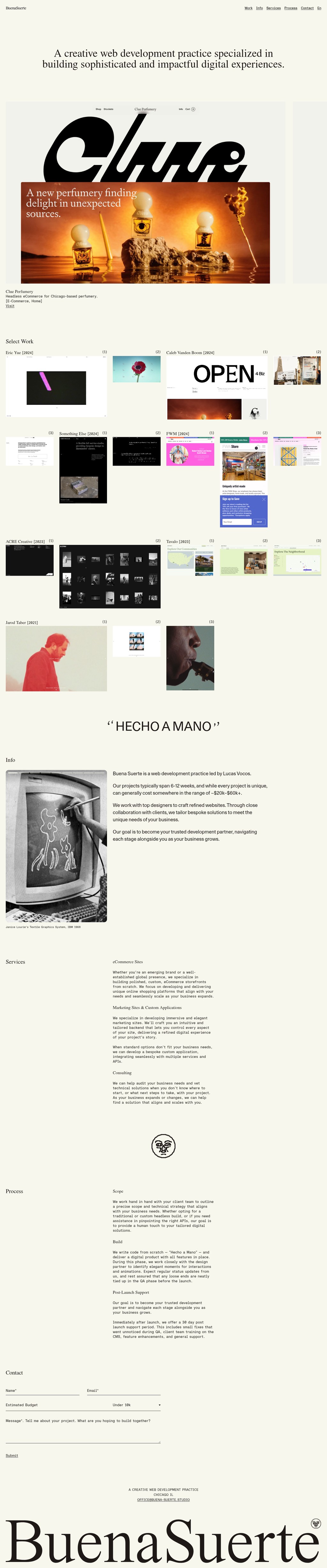 Buena Suerte desktop landing page