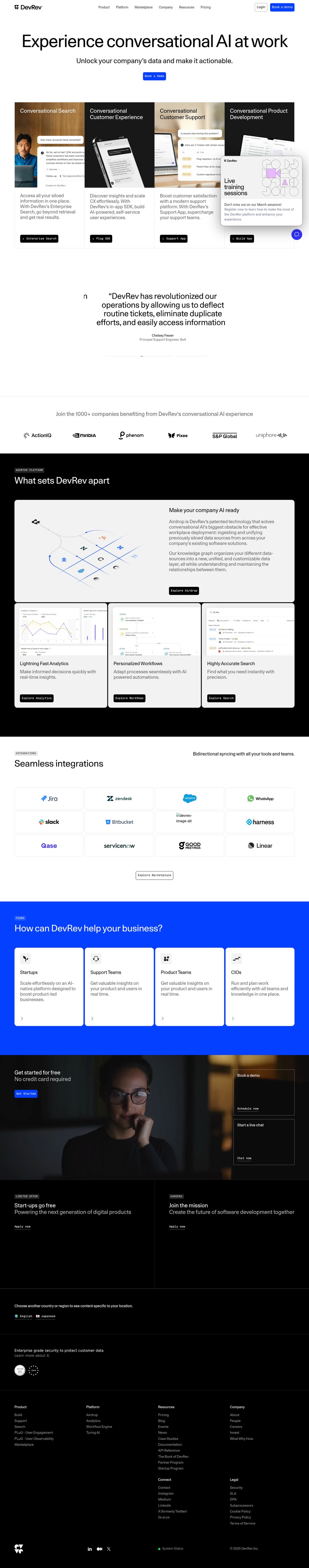 DevRev: Conversational AI at work desktop landing page