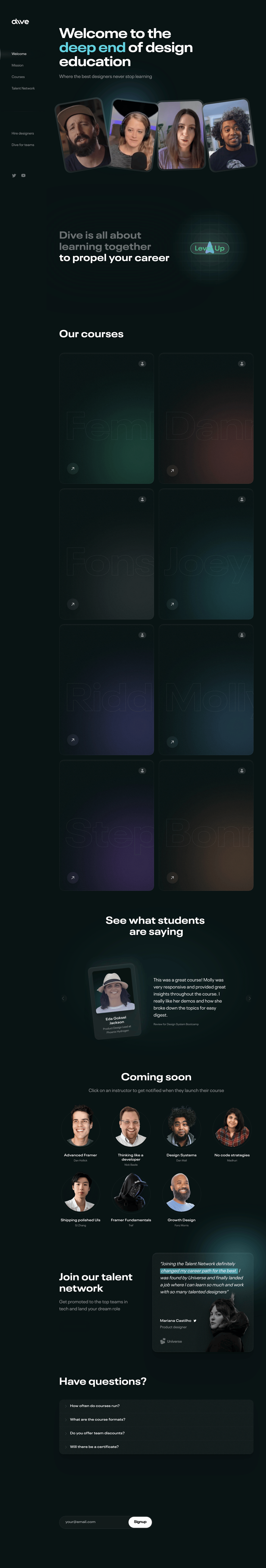 Dive desktop landing page