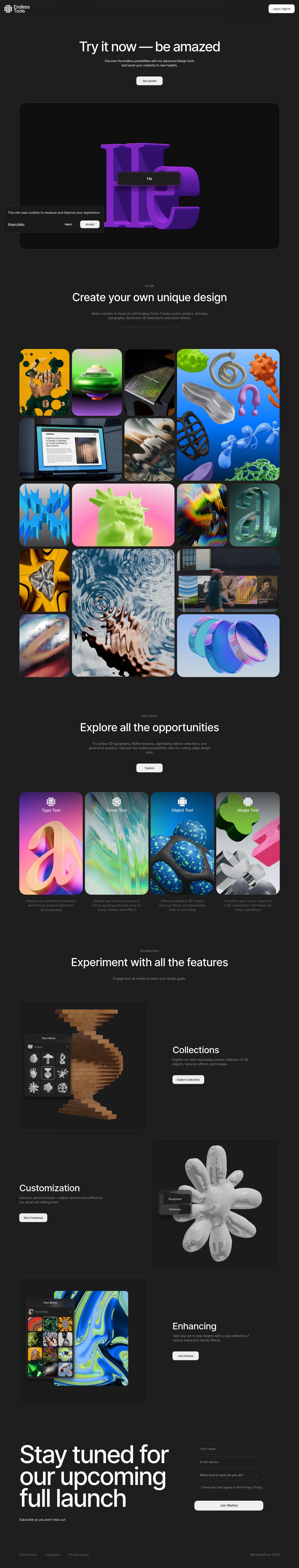 Endless Tools is easy to use online tool for creating 3D Designs desktop landing page