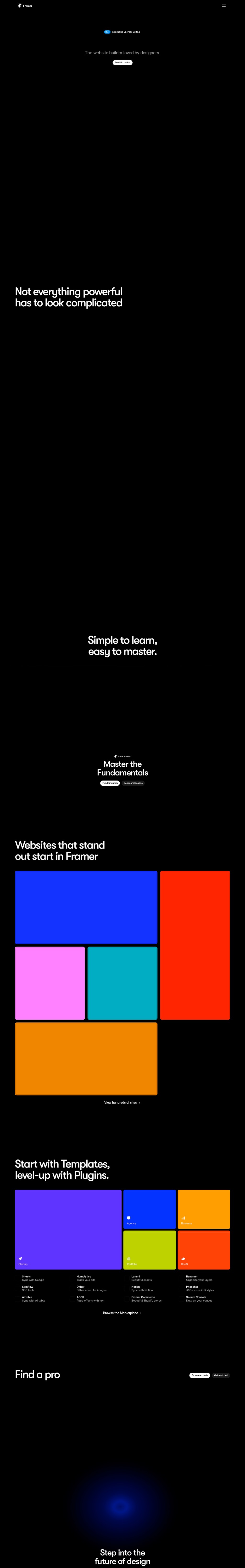 Framer: Create a professional website, free. No code website builder loved by designers. desktop landing page