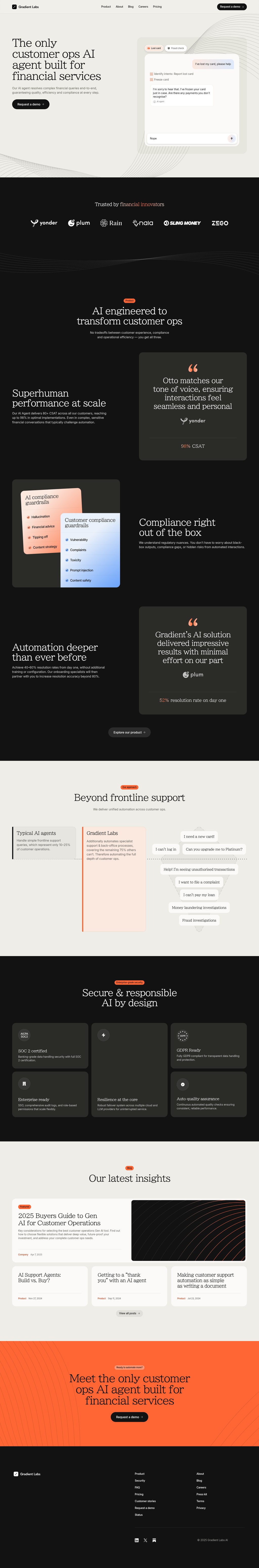 Gradient Labs · The only customer ops AI agent built for financial services desktop landing page
