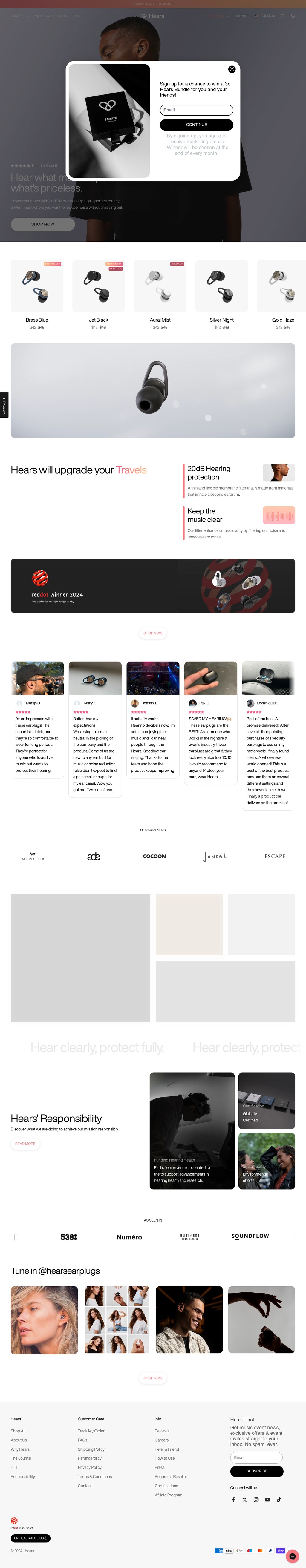 Hears Earplugs desktop landing page