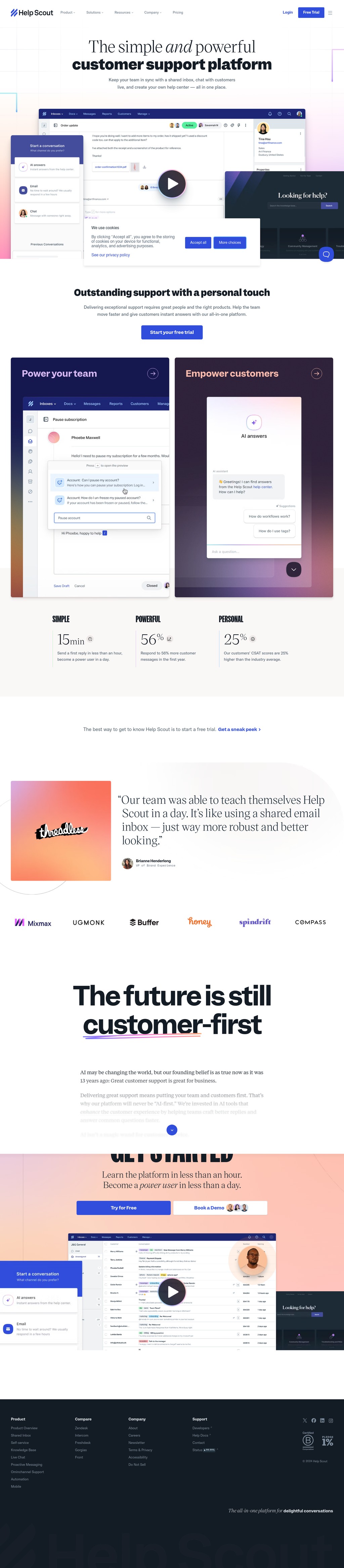 Help Scout: Shared Inbox, Help Center, & Live Chat Software desktop landing page