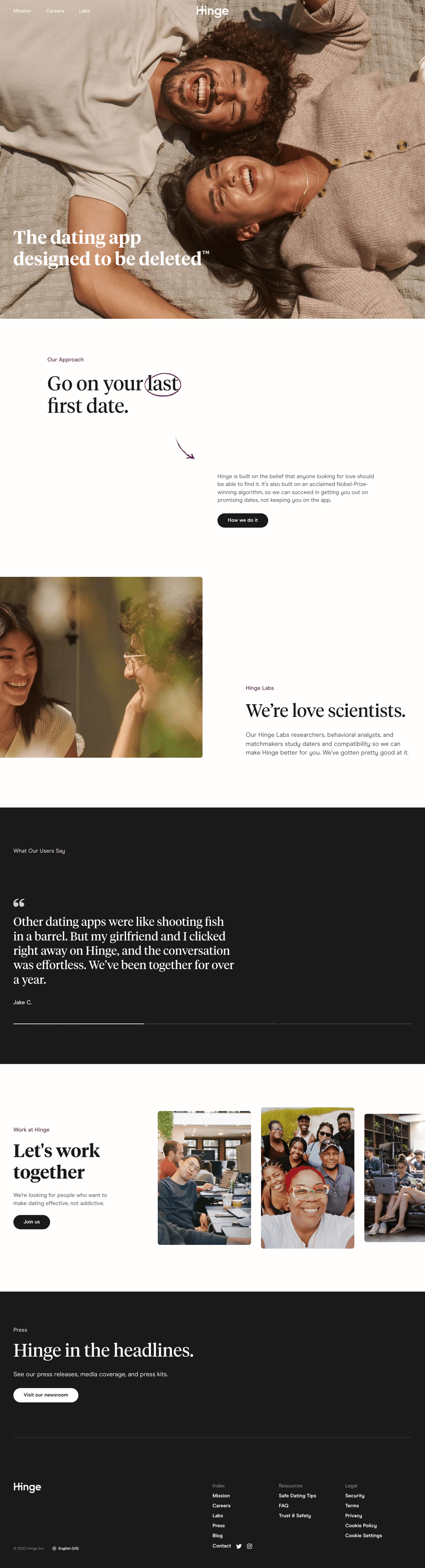 Hinge desktop landing page