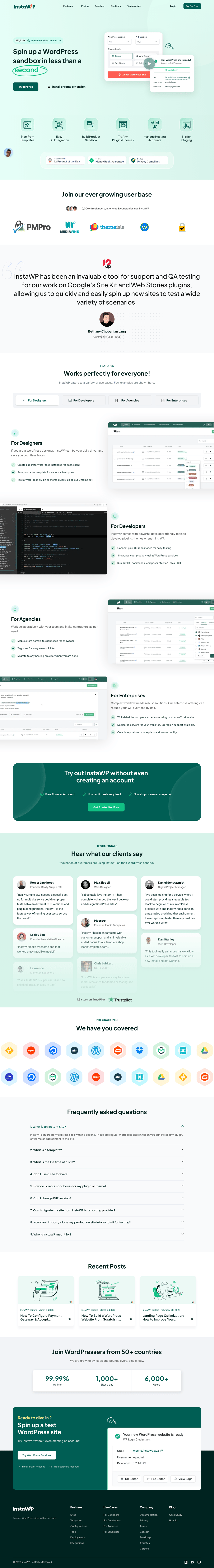 InstaWP desktop landing page