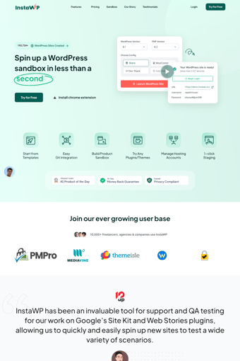 InstaWP landing page