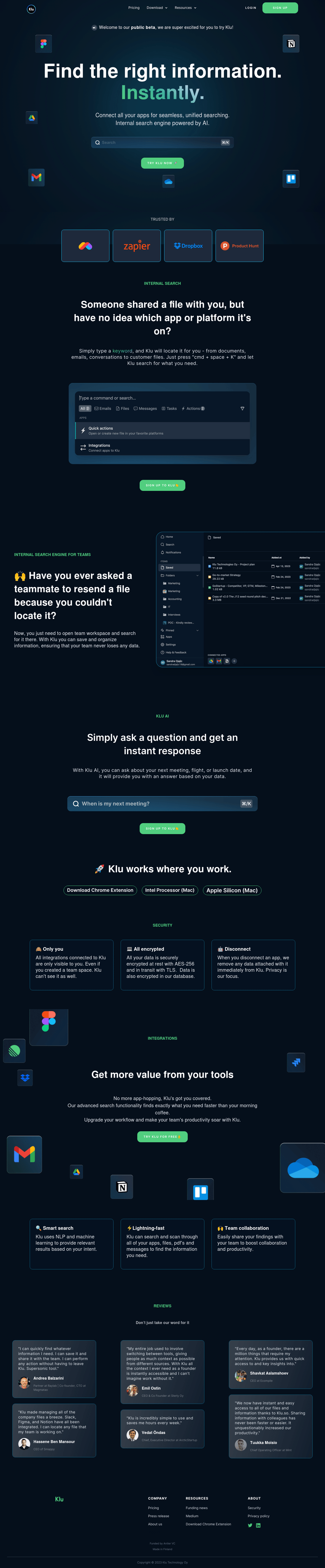 Klu desktop landing page