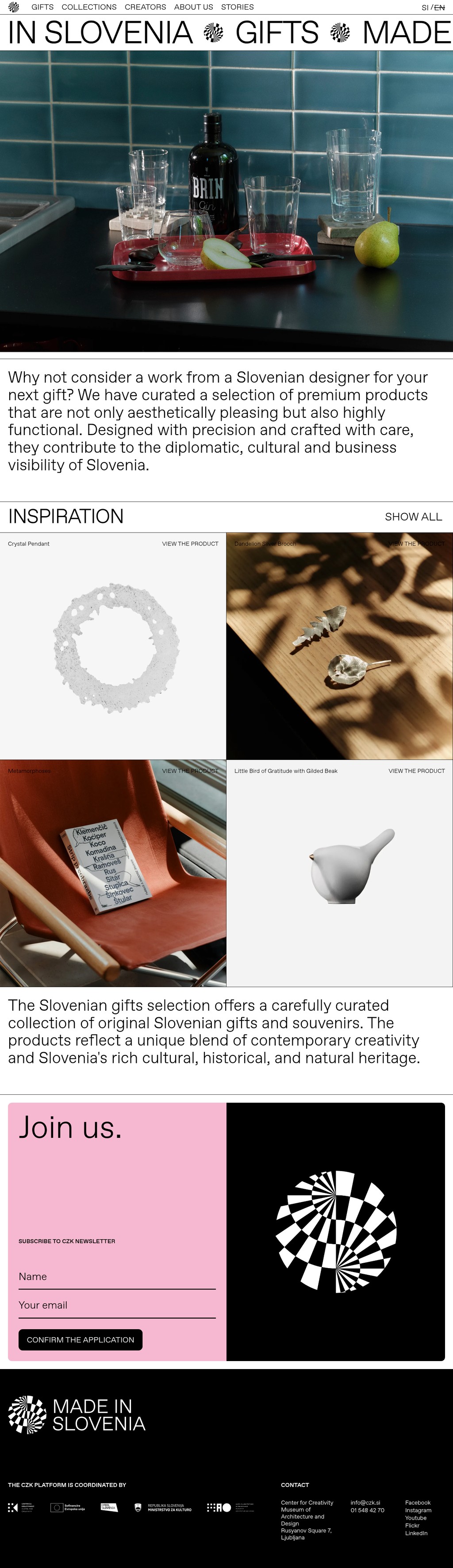 Kolekcije • Darila • MadeinSlovenia desktop landing page