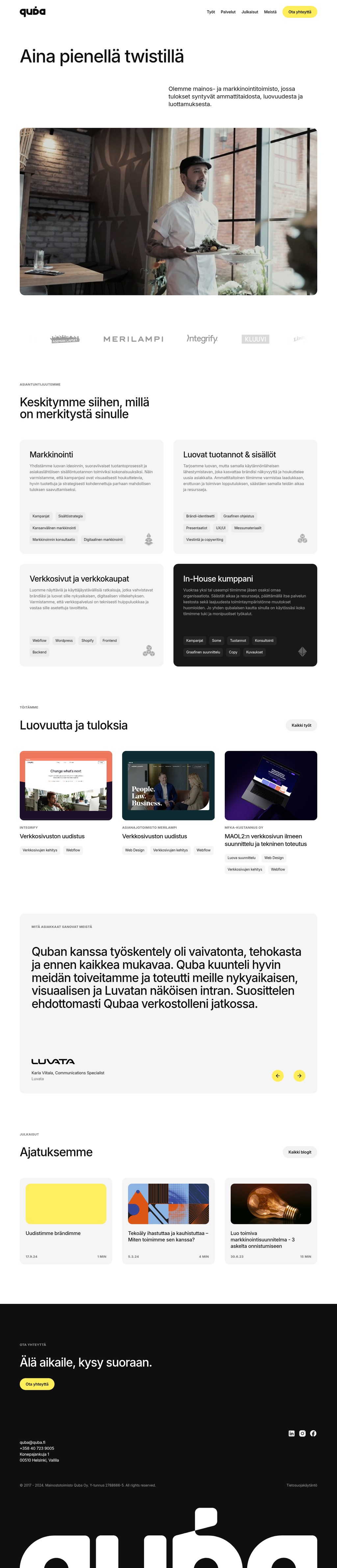 Mainostoimisto Quba desktop landing page