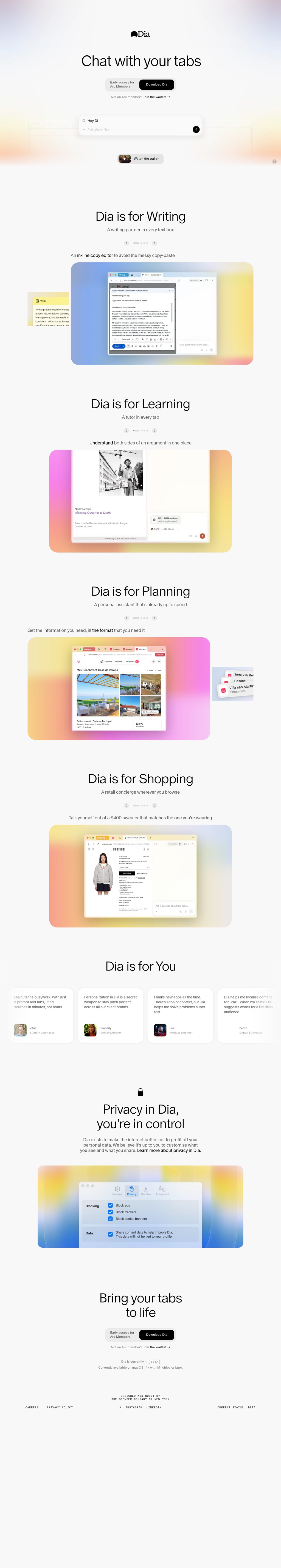 Meet Dia desktop landing page