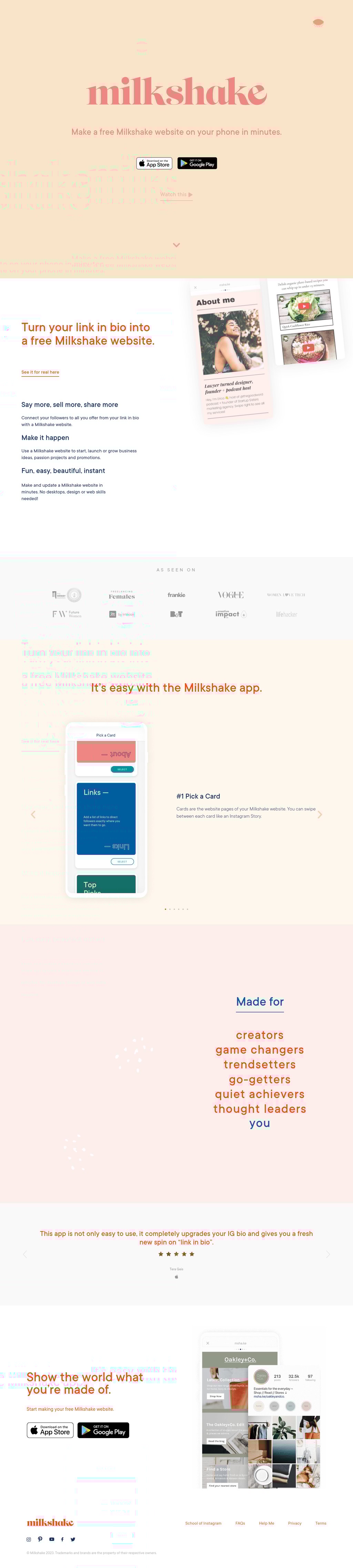 Milkshake  desktop landing page