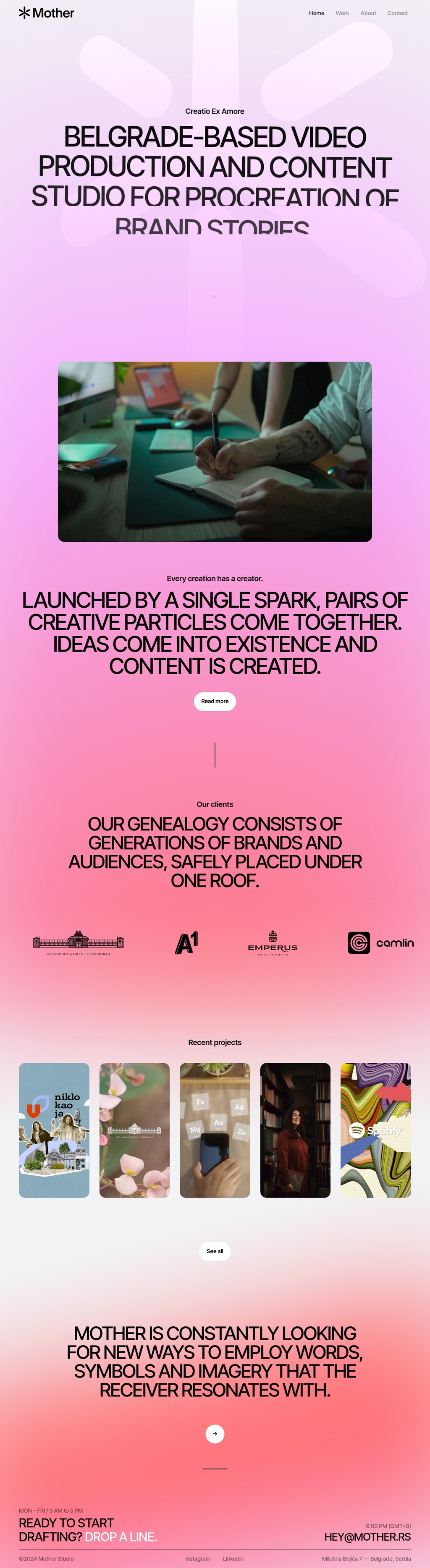 Mother Studio desktop landing page