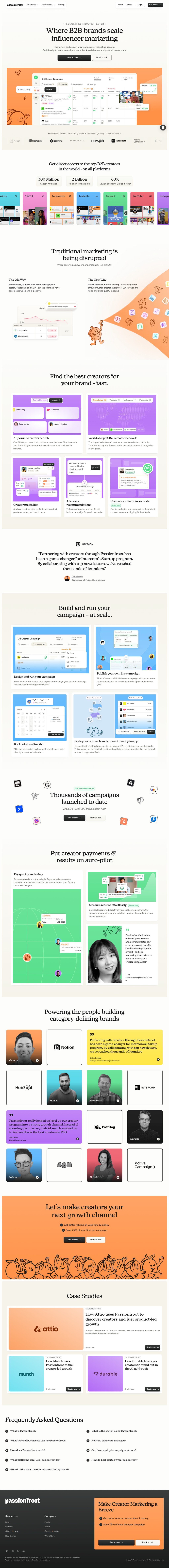 Passionfroot I Where tech brands scale influencer marketing desktop landing page