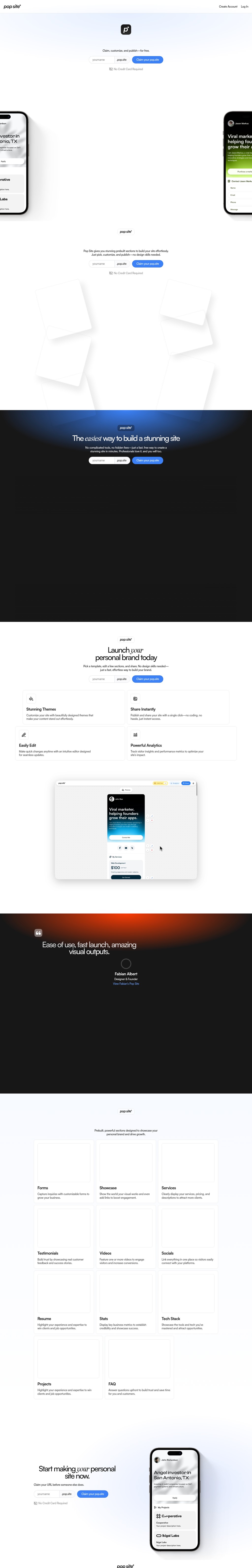 Pop Site desktop landing page