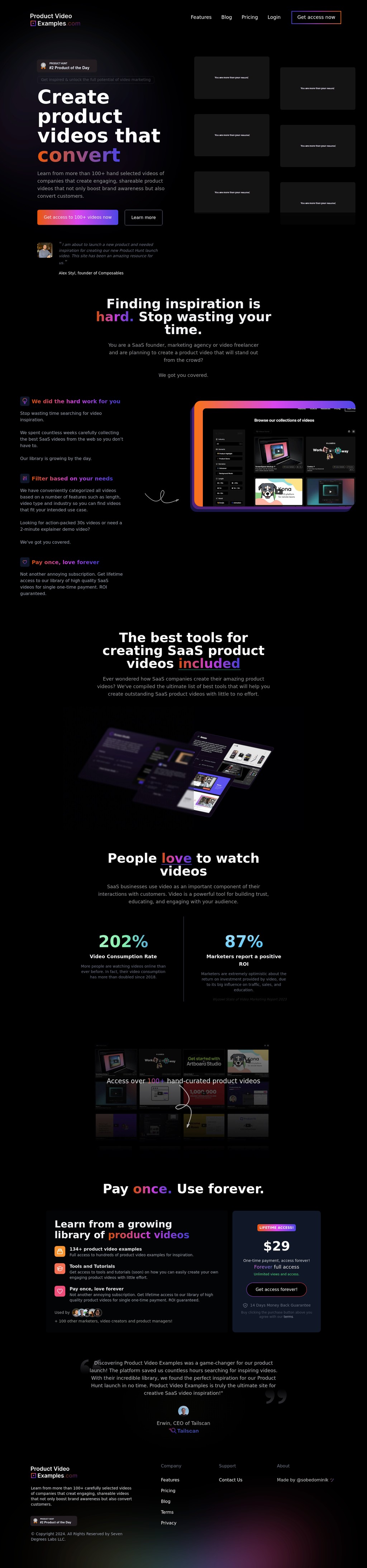 Product Video Examples desktop landing page