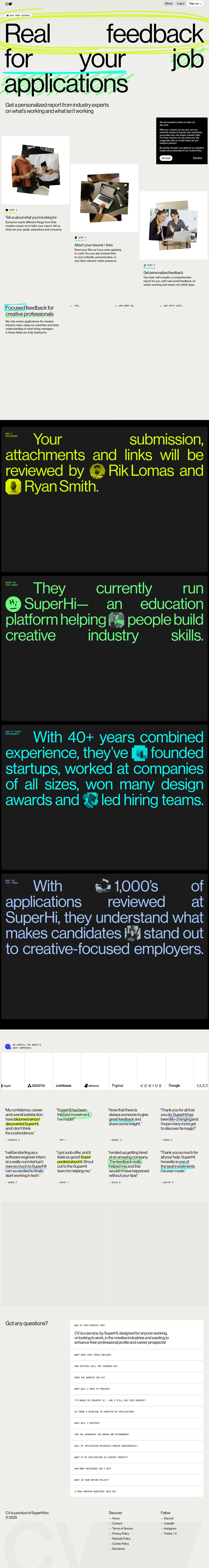 Real feedback for creative industry job applications desktop landing page