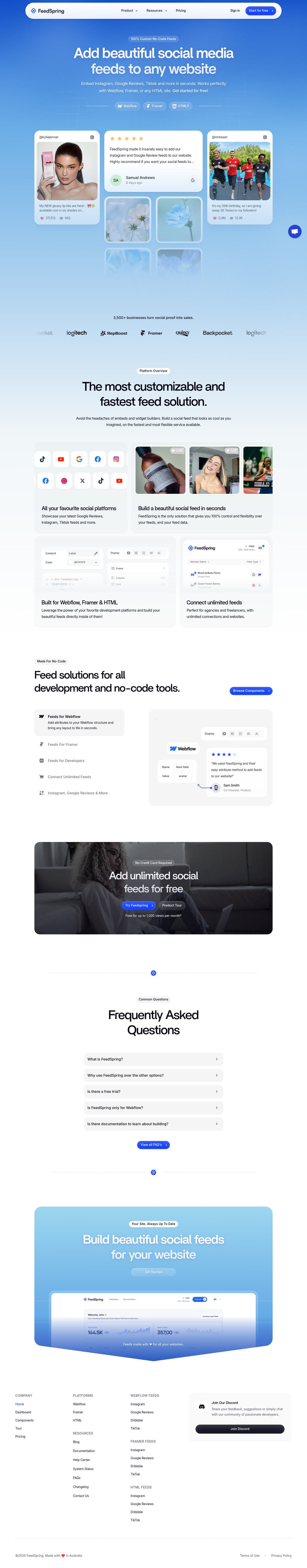 Social Feeds for Webflow, Framer, and HTML desktop landing page