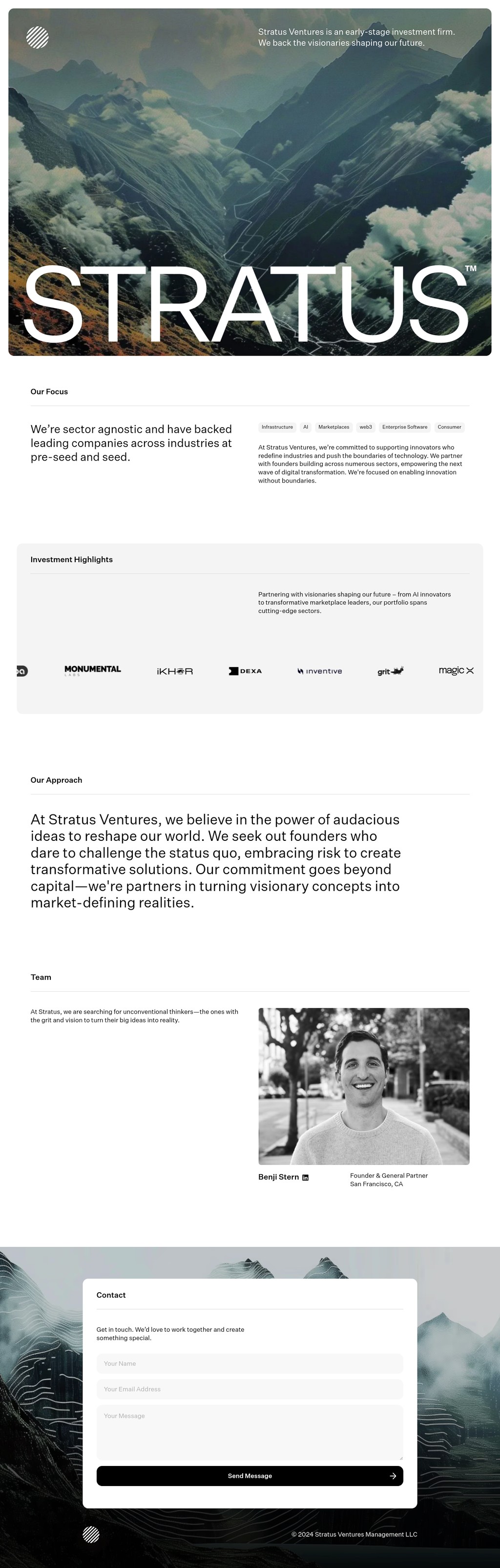 Stratus Ventures desktop landing page