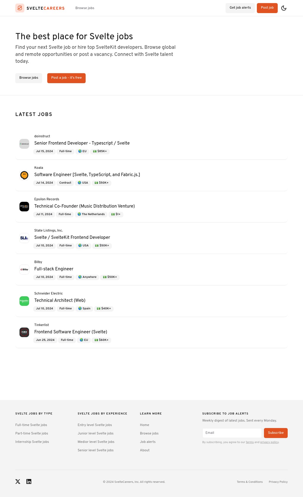 SvelteCareers desktop landing page
