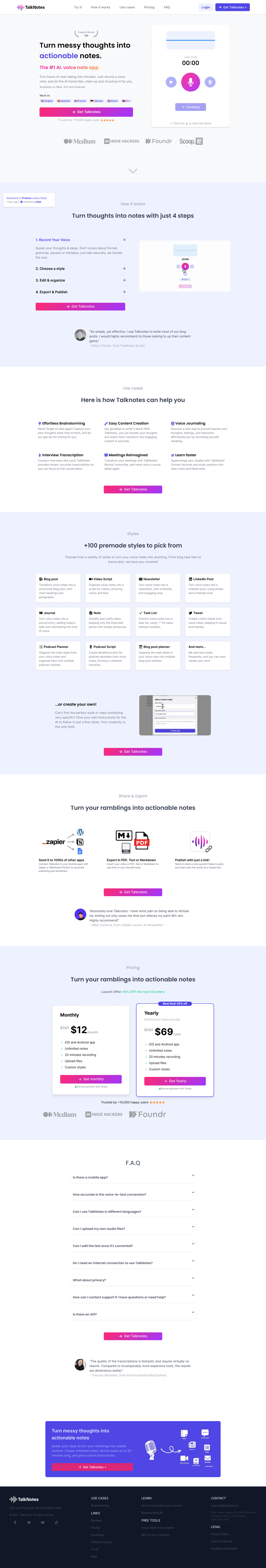 Talknotes desktop landing page