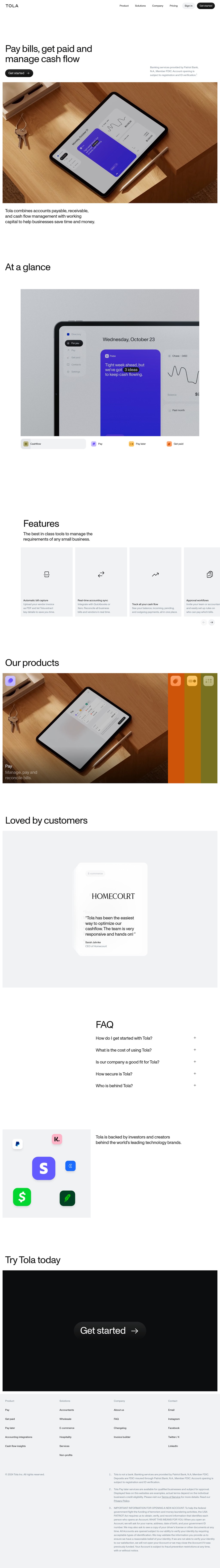 Tola desktop landing page