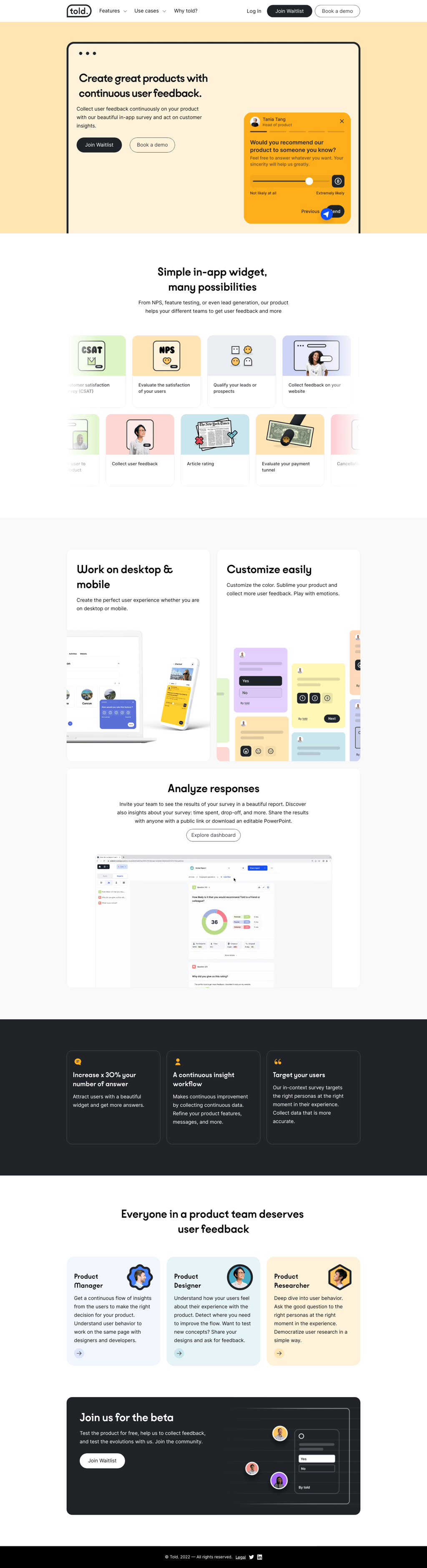 Told desktop landing page
