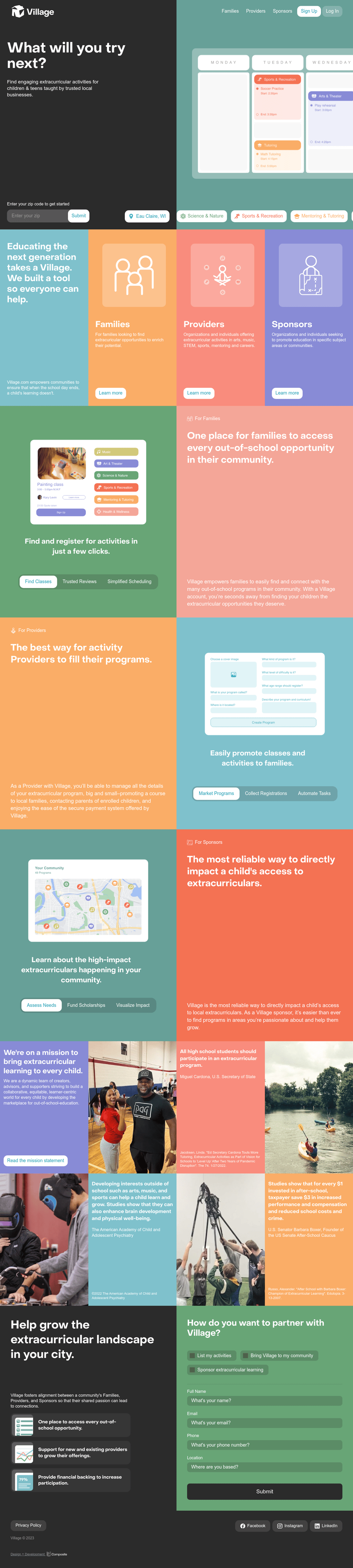 Village desktop landing page