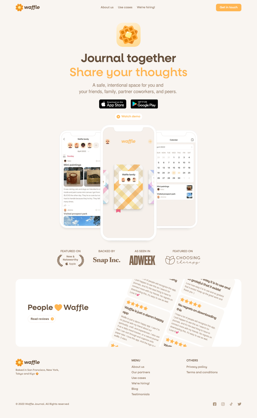 Waffle Journal desktop landing page