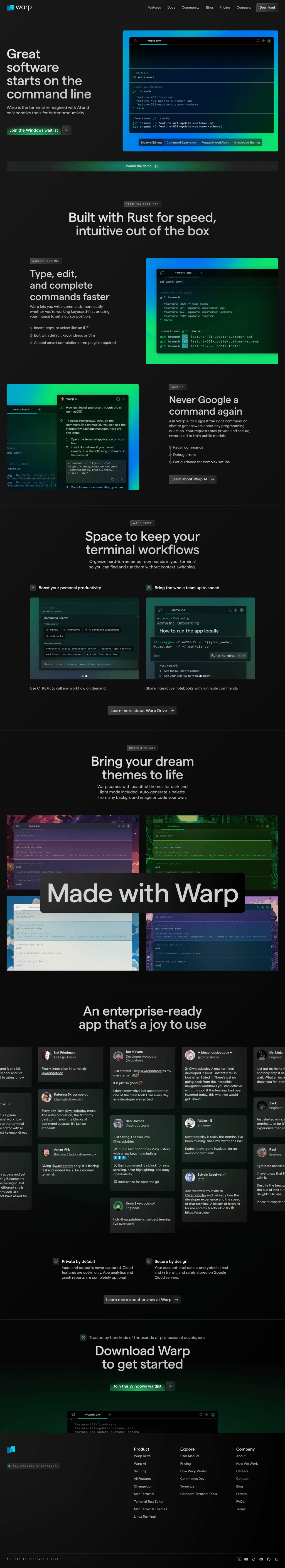 Warp Terminal desktop landing page