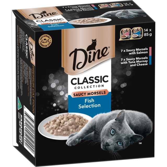 Dine Classic Collection Saucy Morsels Fish Selection Adult Wet Cat Food Variety Pack - 85g X 14