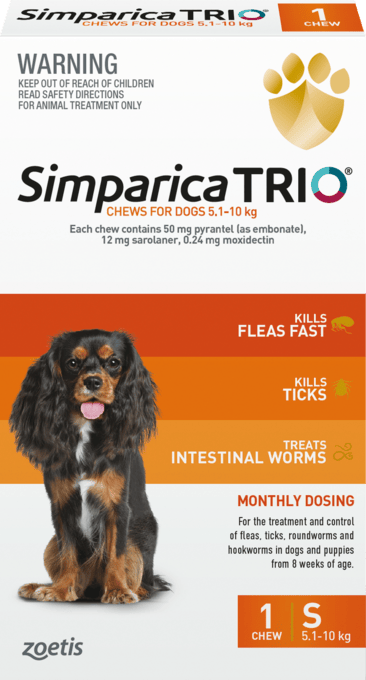 Simparica Trio Dog Flea Tick & Worm Treatment - 5.1 - 10kg, 1 Pack