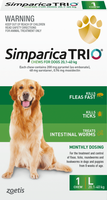 Simparica Trio Dog Flea Tick & Worm Treatment - 20.1 - 40kg, 1 Pack