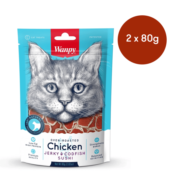 Wanpy Oven Roasted Chicken Jerky & Codfish Sushi Cat Treats - 160g (2 X 80g Bags)