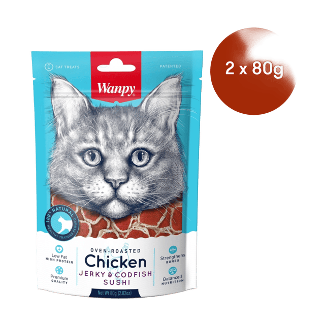 Wanpy Oven Roasted Chicken Jerky & Codfish Sushi Cat Treats - 160g (2 X 80g Bags)