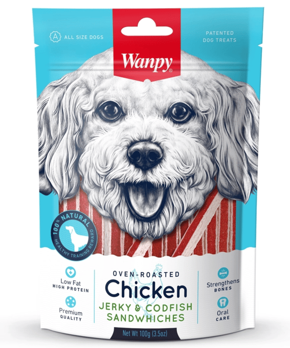Wanpy Oven Roasted Chicken Jerky & Codfish Sandwiches Dog Treats - 500g (5 X 100g Bags)
